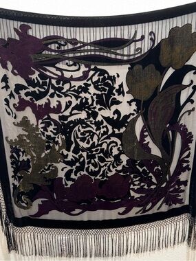 1970s Rare Square Floral Burnout Velvet with Fringe Scarf